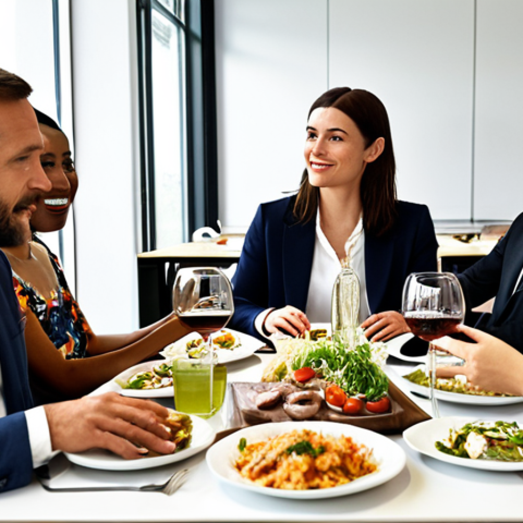 **Image Prompt:** A diverse group of colleagues in a modern French office, engaged in a lively discussion during a long lunch. Wine glasses and plates of food are visible on the table. Focus on capturing the relaxed, social atmosphere and the blend of formal and informal communication.
