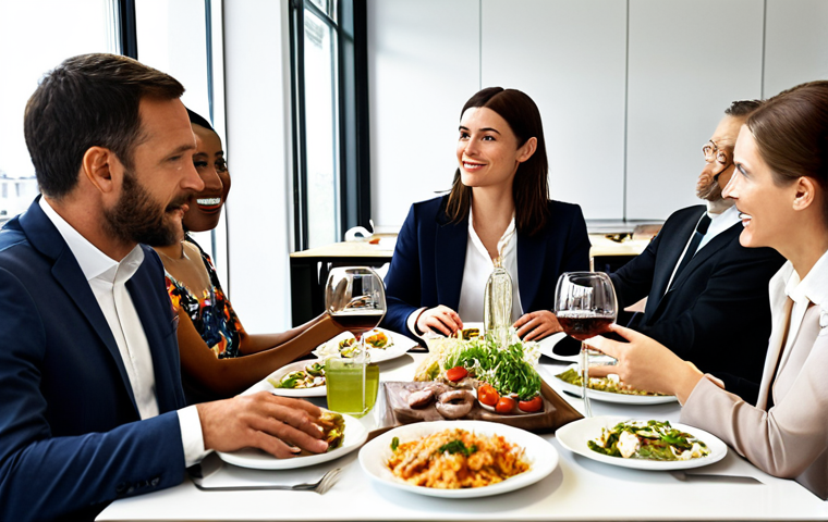 **Image Prompt:** A diverse group of colleagues in a modern French office, engaged in a lively discussion during a long lunch. Wine glasses and plates of food are visible on the table. Focus on capturing the relaxed, social atmosphere and the blend of formal and informal communication.
