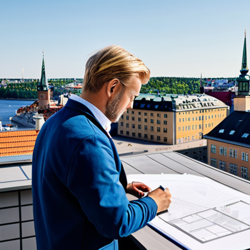 **

"A professional architect, fully clothed in stylish, modern Scandinavian workwear, reviewing blueprints on a sunny rooftop overlooking Stockholm. Safe for work, appropriate content, perfect anatomy, natural proportions, professional, modest, family-friendly, high-resolution photograph."

**