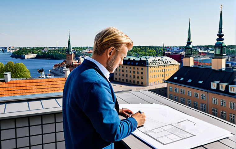 **

"A professional architect, fully clothed in stylish, modern Scandinavian workwear, reviewing blueprints on a sunny rooftop overlooking Stockholm. Safe for work, appropriate content, perfect anatomy, natural proportions, professional, modest, family-friendly, high-resolution photograph."

**