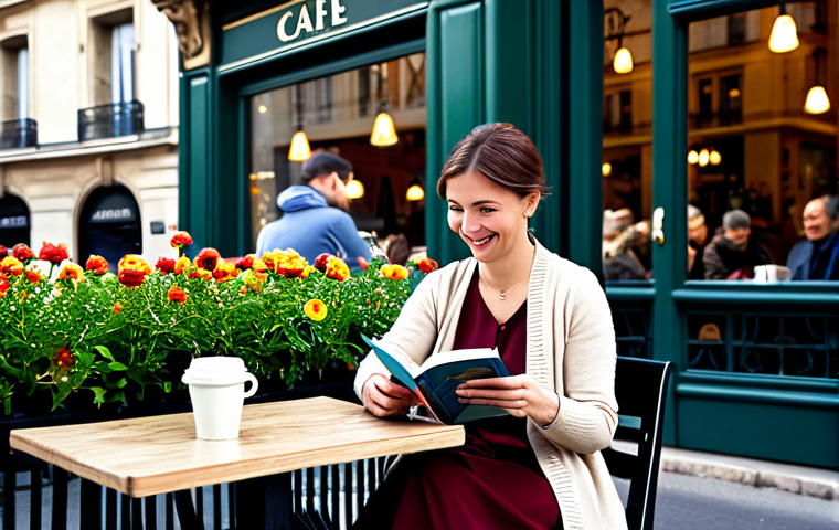Parisian Cafe Scene**

"A woman in a stylish, modest dress and cardigan sits at a table outside a Parisian cafe. She is holding a coffee cup and smiling gently while reading a French book. The cafe is bustling with people, and flowers are in window boxes. Background includes the Eiffel Tower. Fully clothed, appropriate attire, safe for work, perfect anatomy, natural pose, high-resolution, professional photography, family-friendly."

**