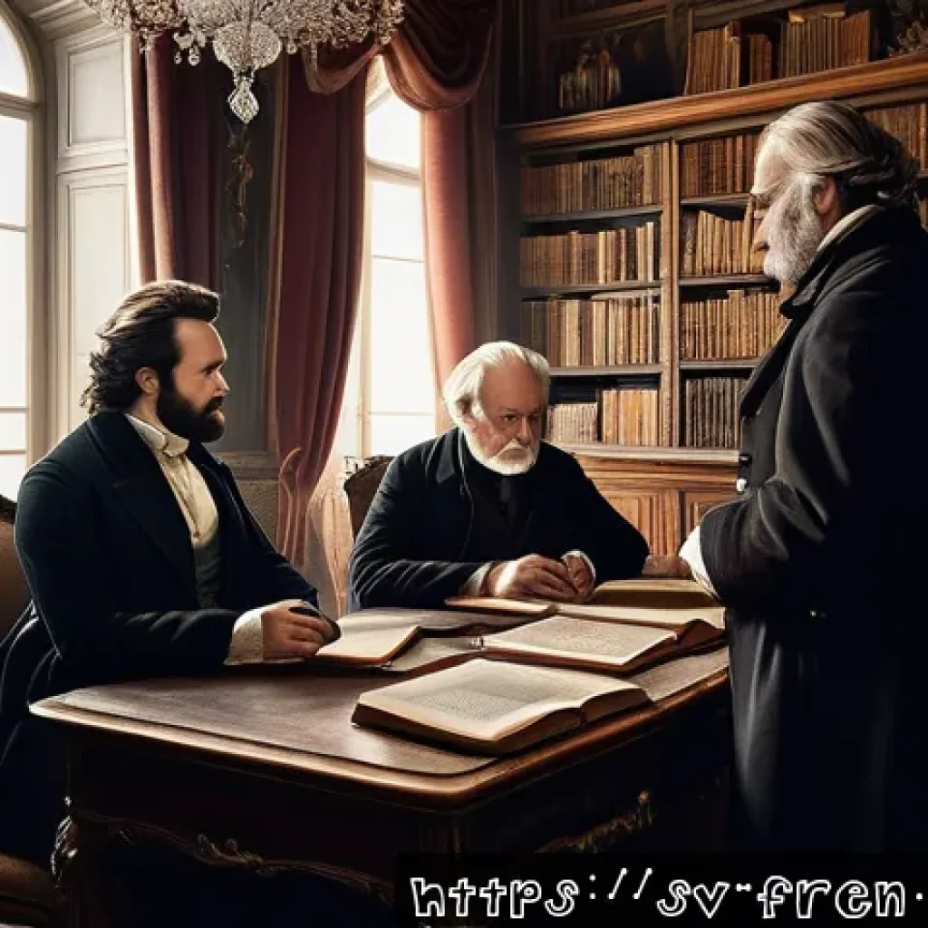 프랑스어 프랑스어 문학 장르별 특징 - A richly detailed scene of a classic French literary salon from the 19th century, featuring elegantl...