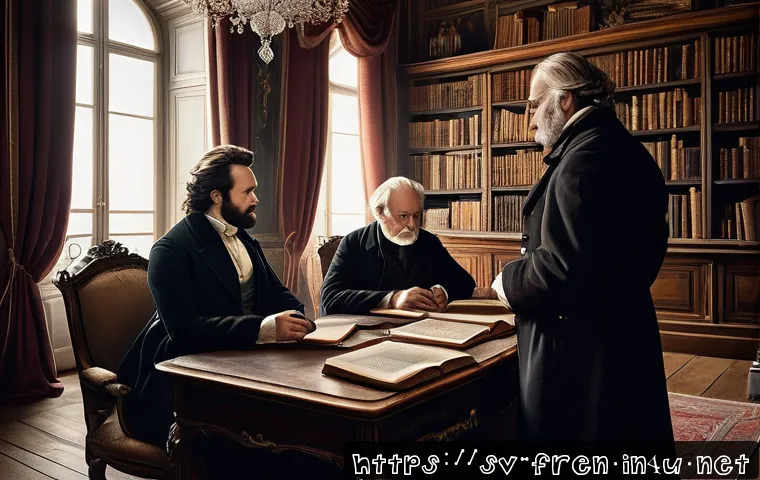 프랑스어 프랑스어 문학 장르별 특징 - A richly detailed scene of a classic French literary salon from the 19th century, featuring elegantl...