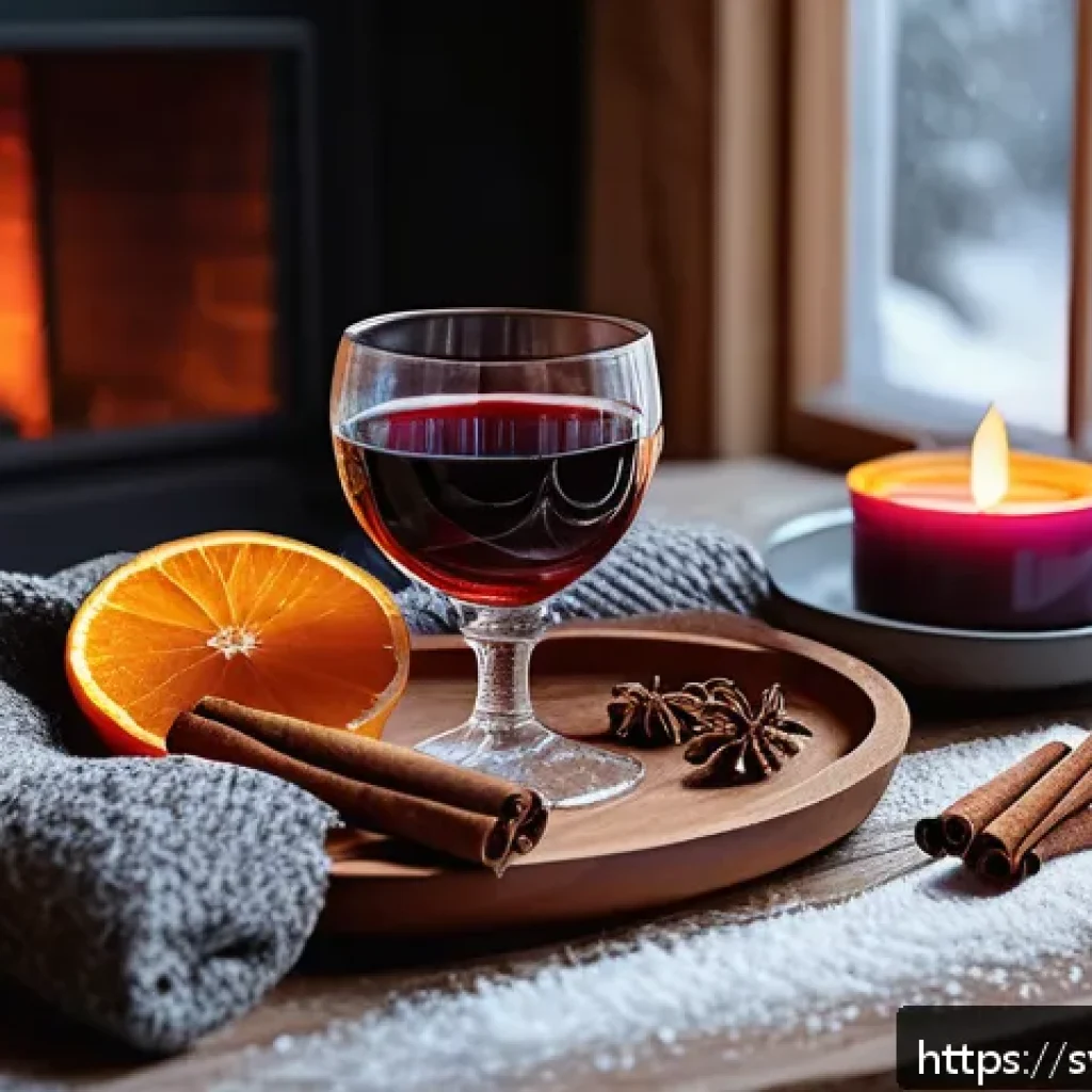 프랑스어 프랑스 와인 용어 - A cozy Scandinavian winter evening scene featuring a rustic wooden table by a crackling fireplace. O...