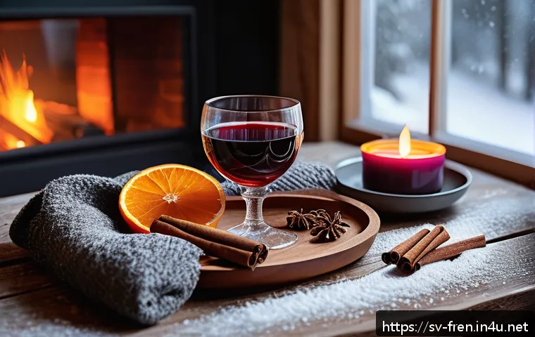 프랑스어 프랑스 와인 용어 - A cozy Scandinavian winter evening scene featuring a rustic wooden table by a crackling fireplace. O...
