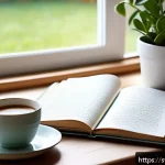 Home 21 프랑스어 프랑스어로 일기 쓰기 - A cozy and serene home writing nook by a large window overlooking a quiet Swedish garden in spring. ...