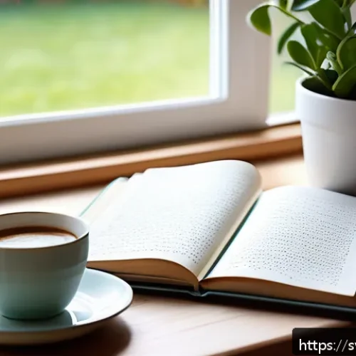 Home 33 프랑스어 프랑스어로 일기 쓰기 - A cozy and serene home writing nook by a large window overlooking a quiet Swedish garden in spring. ...