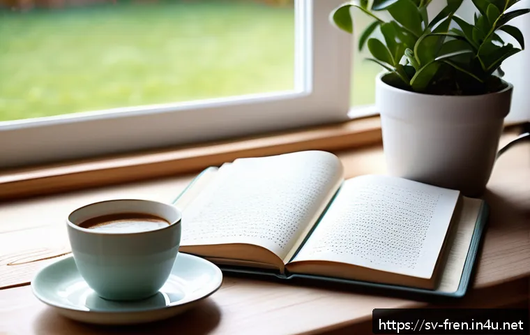 프랑스어 프랑스어로 일기 쓰기 - A cozy and serene home writing nook by a large window overlooking a quiet Swedish garden in spring. ...