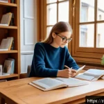 Home 20 프랑스어 프랑스어 학습자의 공통적인 고민 - A cozy French language study scene in a modern Swedish home: a young adult woman with light brown ha...