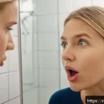 Home 19 프랑스어 발음 교정 방법 - A detailed close-up of a Swedish adult woman practicing French pronunciation in front of a bathroom ...