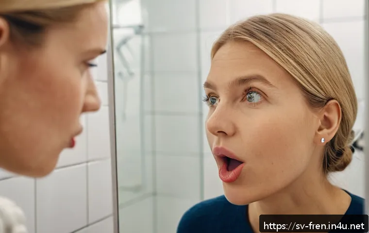 프랑스어 발음 교정 방법 - A detailed close-up of a Swedish adult woman practicing French pronunciation in front of a bathroom ...
